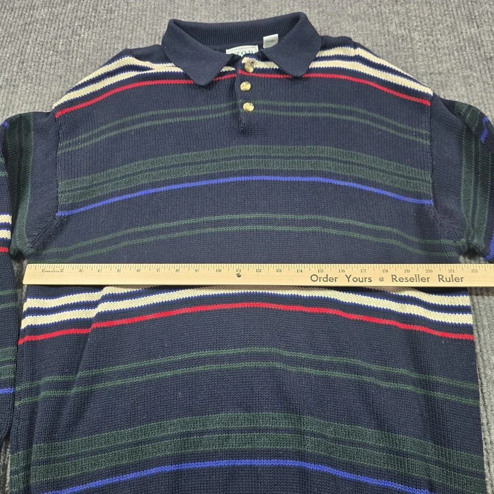IZOD Sweater Mens Large Blue Multi Stripe Knit Polo Rugby Collar‎ Cotton Preppy